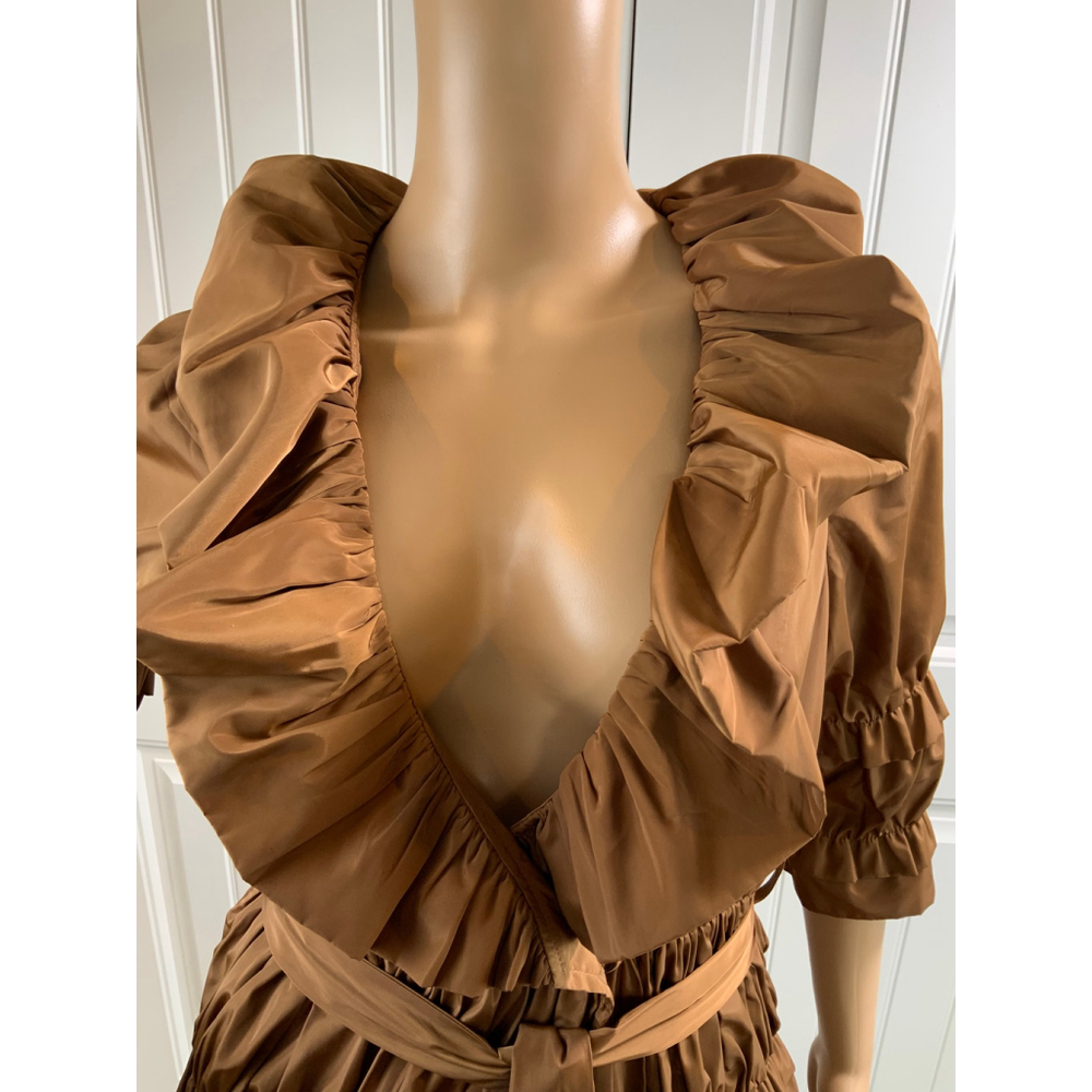 Ryu Women's Ruffled Mini Tiered Dress Size Small Brown 3/4 Sleeves Belted V-Neck - Picture 3 of 15